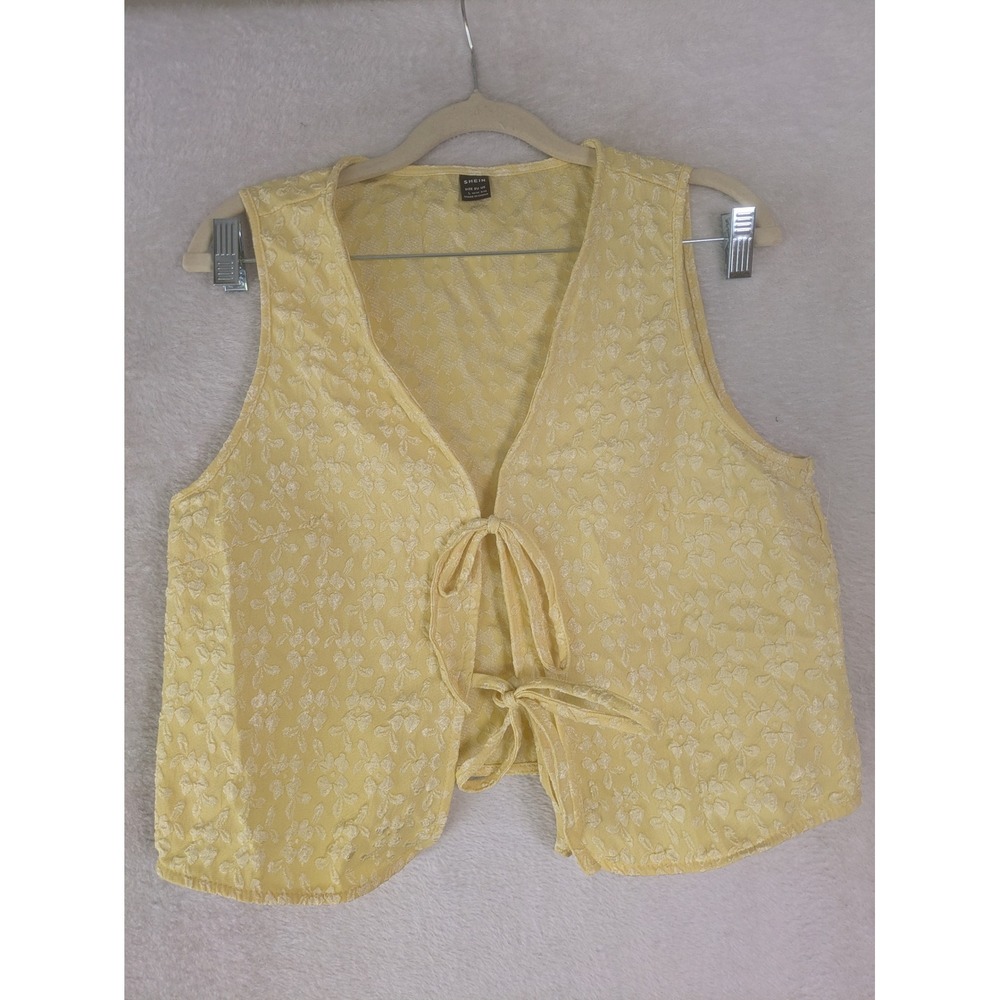 SHEIN Vest Women's L Yellow Floral Jacquard Tie Front Cropped Sleeveless V-Neck